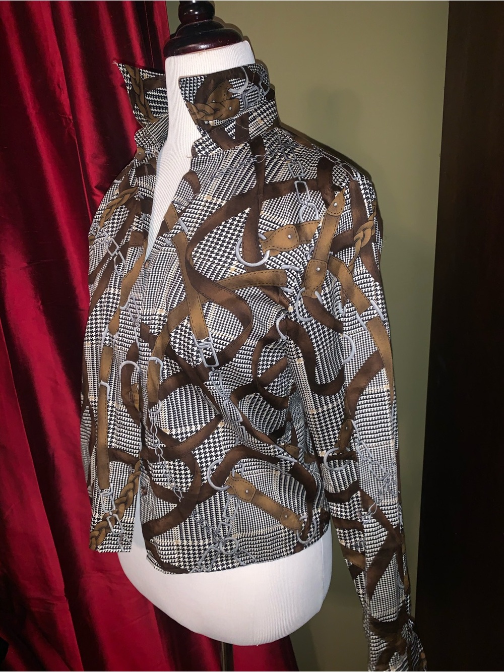 Lauren Ralph Lauren Black, White & Brown Houndstooth Horsebit Print Top